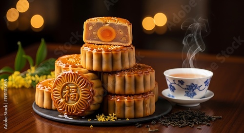 Wallpaper Mural Delicious, golden, intricately detailed mooncakes stacked with a cup of steaming tea Torontodigital.ca