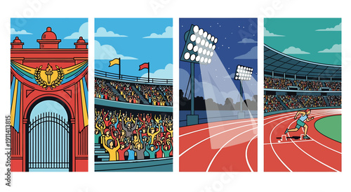 Vibrant athletic stadium scenes with track crowd entrance and spotlight