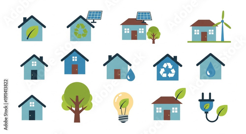 Eco friendly house icons with solar panels and wind turbine.