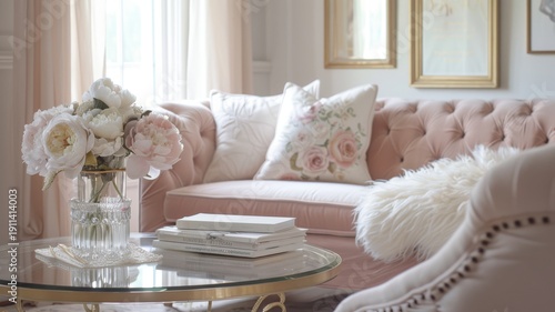 Elegant blush pink tufted sofa with plush pillows and floral accents, a crystal vase with peonies on a glass coffee table, creating a romantic ambiance.