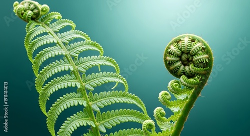 Wallpaper Mural Detailed close-up of a fern frond with emerging fiddlehead against a teal background Torontodigital.ca