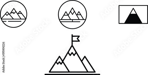 Minimalist line art icon set featuring various mountain peak designs in circular frames and a large summit with a flag on top