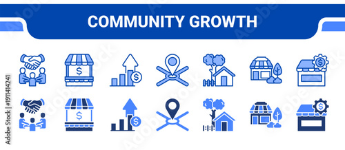Community Growth Icon Collection,  featuring Community, Local economy, Growth, Initiative, Rural, Neighborhood, Micro enterprise.