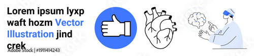 Healthcare, medical research, cardiology, brain science, approval, technology. ion of a hand icon, human heart and a brain being analyzed by a doctor. Healthcare and medical research concepts