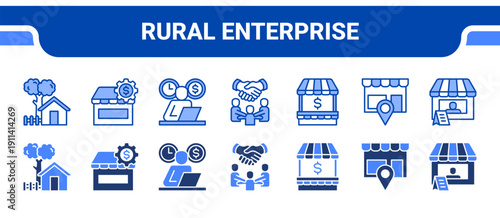 Rural Enterprise Icon Collection,  featuring Rural, Micro enterprise, Self employed, Community, Local economy, Marketplace, Vendor.