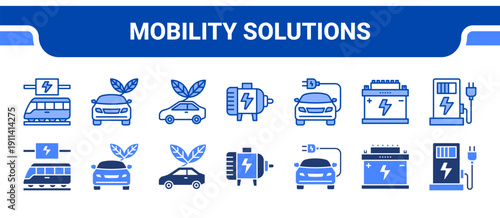 Mobility Solutions Icon Collection,  featuring Electric transport, Sustainable mobility, Green vehicle, Drive, Electric car, Battery power, EV charger.