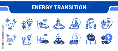 Energy Transition Icon Collection,  featuring Renewable energy, Clean energy, Electric vehicle, Green mobility, Sustainable transport, Zero emission, Energy efficient.