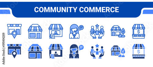 Community Commerce Icon Collection,  featuring Marketplace, Shop, Vendor, Customer service, Loyalty, Neighborhood, Local economy.