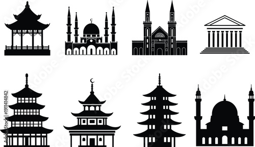 Architectural silhouette illustration set, eight black icons mosque cathedral temple pagoda pavilion cultural religious design, vector artwork, global architecture and diversity