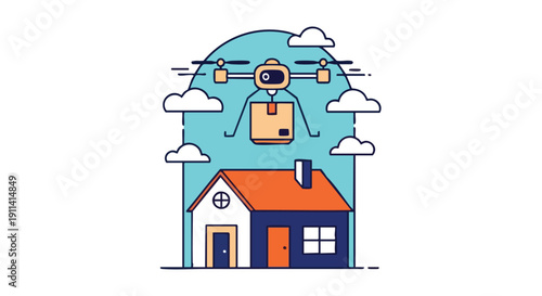 Drone Delivering Package to House with Clouds.