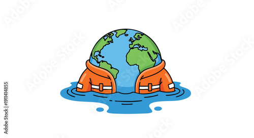 Earth wearing a life jacket in water symbolizing environmental protection.