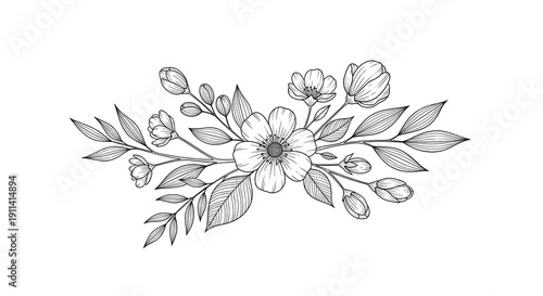 Wallpaper Mural Elegant floral line art arrangement featuring flowers, buds, leaves, and branches Torontodigital.ca