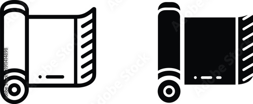 Blueprint icon silhouette illustration set, two black designs rolled paper architectural plan construction design, vector artwork, planning and engineering theme, isolated background