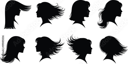 Hairstyle silhouette illustration set, eight black icons varied haircuts straight wavy wind-swept grooming comb design, vector artwork, fashion and beauty theme, isolated background