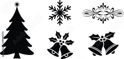 Christmas icon silhouette illustration set, six black designs tree snowflake bells holly flourish festive decoration design, vector artwork, holiday and seasonal theme, isolated background