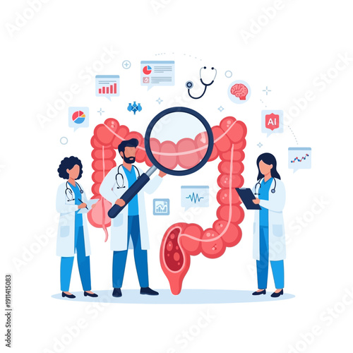 Doctors examining colon with magnifying glass, medical research and diagnosis concept