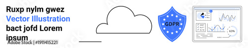 Cybersecurity, data privacy, GDPR compliance, cloud storage, analytics, digital security. Cloud with shield and analytics dashboard. GDPR compliance and data privacy featured