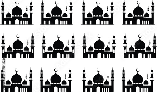 Mosque silhouette illustration set, twelve black icons repeated grid domes minarets crescent moon Islamic architecture design, vector artwork, religion and cultural theme, isolated background
