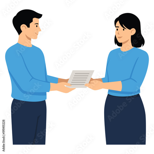Document Exchange An illustrative scene depicting two individuals in the act of exchanging documents, symbolizing agreement or communication. 