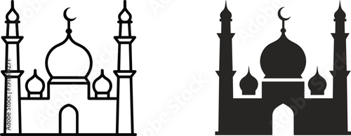 Mosque silhouette illustration set, two black icons outline solid dome crescent minaret Islamic architecture design, vector artwork, religion and cultural theme, isolated background