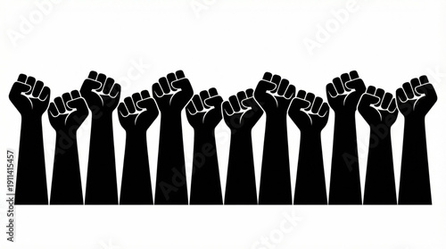 A powerful display of unified black fists raised in unison against a clean white background, symbolizing collective strength, solidarity, and the enduring fight for justice and human rights