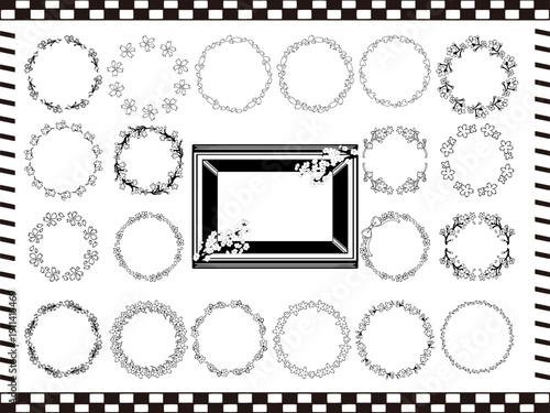 春の桜フレームセット白黒丸型１