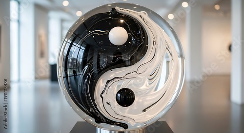 Wallpaper Mural Glass sculpture, a Yin-Yang orb with flowing black and white shapes, in a museum Torontodigital.ca