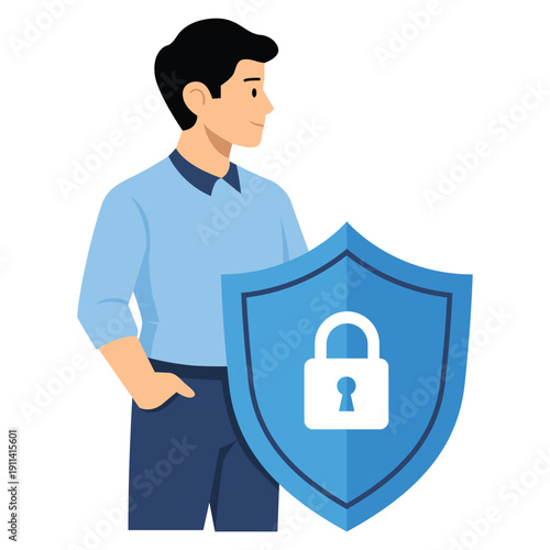 Secure Digital Guardian A person stands beside a shield with a padlock icon, symbolizing data security and online protection.