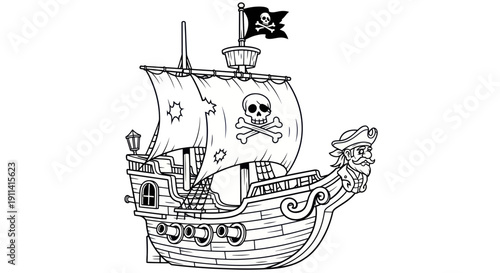 Pirate Ship Outline with Jolly Roger Flag and Skull Symbol