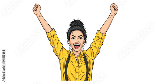 Excited Woman Celebrating Success with Arms Raised High.
