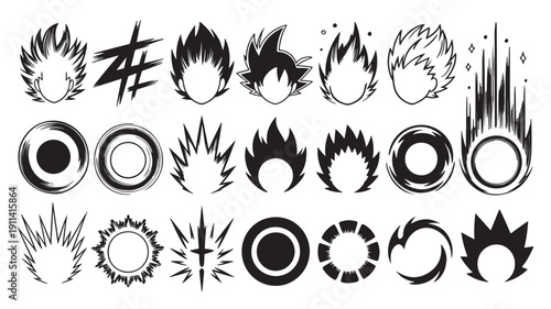 Flame and explosion effect elements for action comic illustrations, energy burst graphics, superhero character designs, and dynamic visual impact storytelling applications