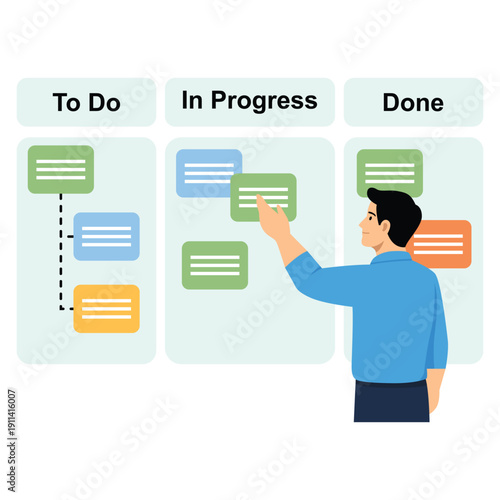 Kanban Board in Action An individual interacts with a Kanban board, visualizing tasks in progress, highlighting workflow management and process improvement.