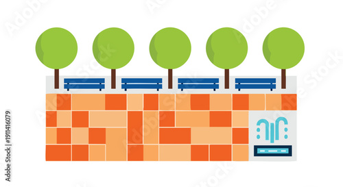 Five Green Trees Lined Up With Blue Benches Behind A Brick Wall.