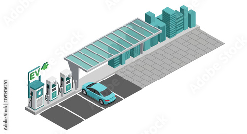 A futuristic electric vehicle charging station with solar panels on the roof viewed from above