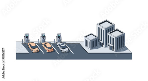 Modern cityscape illustration featuring parking lot and office buildings in isometric view
