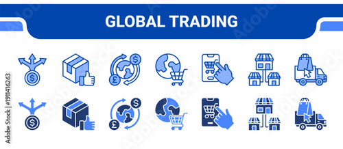 Global Trading Icon Collection,  featuring Trade, Goods, Exchange, Global market, Online market, Marketplace, Delivery.