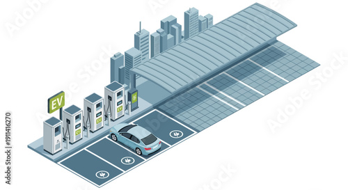 Solar panels installed above a car park with electric vehicle charging, urban cityscape background, isometric view