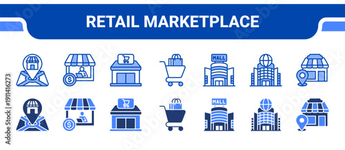 Retail Marketplace Icon Collection,  featuring Retailer, Merchant, Storefront, Shopping, Mall, Emporium, Local market.