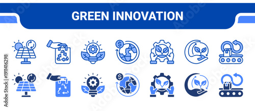 Green Innovation Icon Collection,  featuring Renewable energy, Eco friendly, Green innovation, Circular economy, Environmental stewardship, Sustainability, Responsible production.