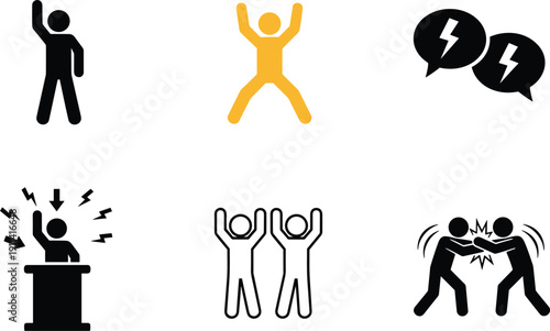 Set of human silhouettes representing personal power victory and conflict including protesters at a podium jumping for joy and men fighting