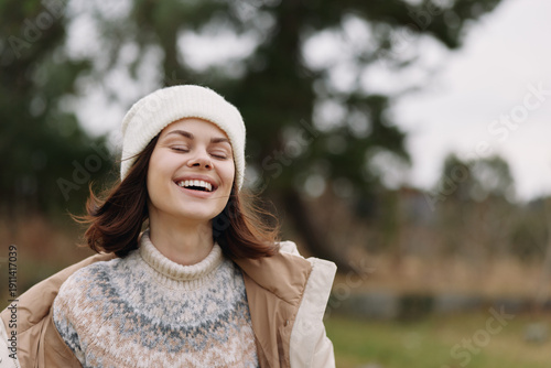 Konstfotografi Woman, smile, outdoors, winter, cozy, casual portrait in natural light wearing a