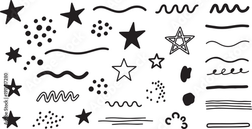 Hand drawn decorative elements in minimalist black and white style with varied line art and star shapes for graphic design
