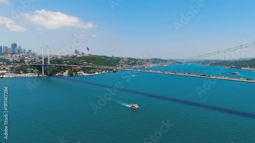 Istanbul, Turkey. 15 July Martyrs Bridge connecting Europe and Asia across Bosphorus strait continental divide aerial view