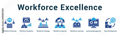 Workforce Excellence  Modern and clean web banner illustration vector featuring thematic icons