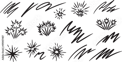 Handwritten Floral Elements in Black Ink on White Background with Abstract Brush Strokes for Graphic Design