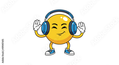 Happy Emoji Character Listening to Music with Headphones.