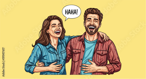 Happy couple laughing together with joy and amusement.