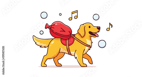 Happy golden retriever dog carrying a red water balloon on its back.