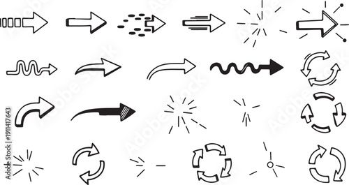 Hand drawn arrows collection in various styles and directions on white background for graphic design