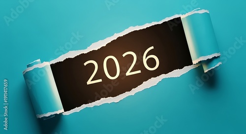 Wallpaper Mural Teal ripped paper reveals "2026", suggesting future planning & anticipation Torontodigital.ca